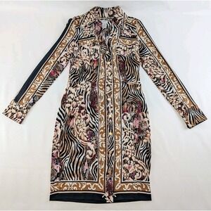 Cache Animal Print Baroque Dress Sz 4 Long Sleeve Button Front Gold Accent